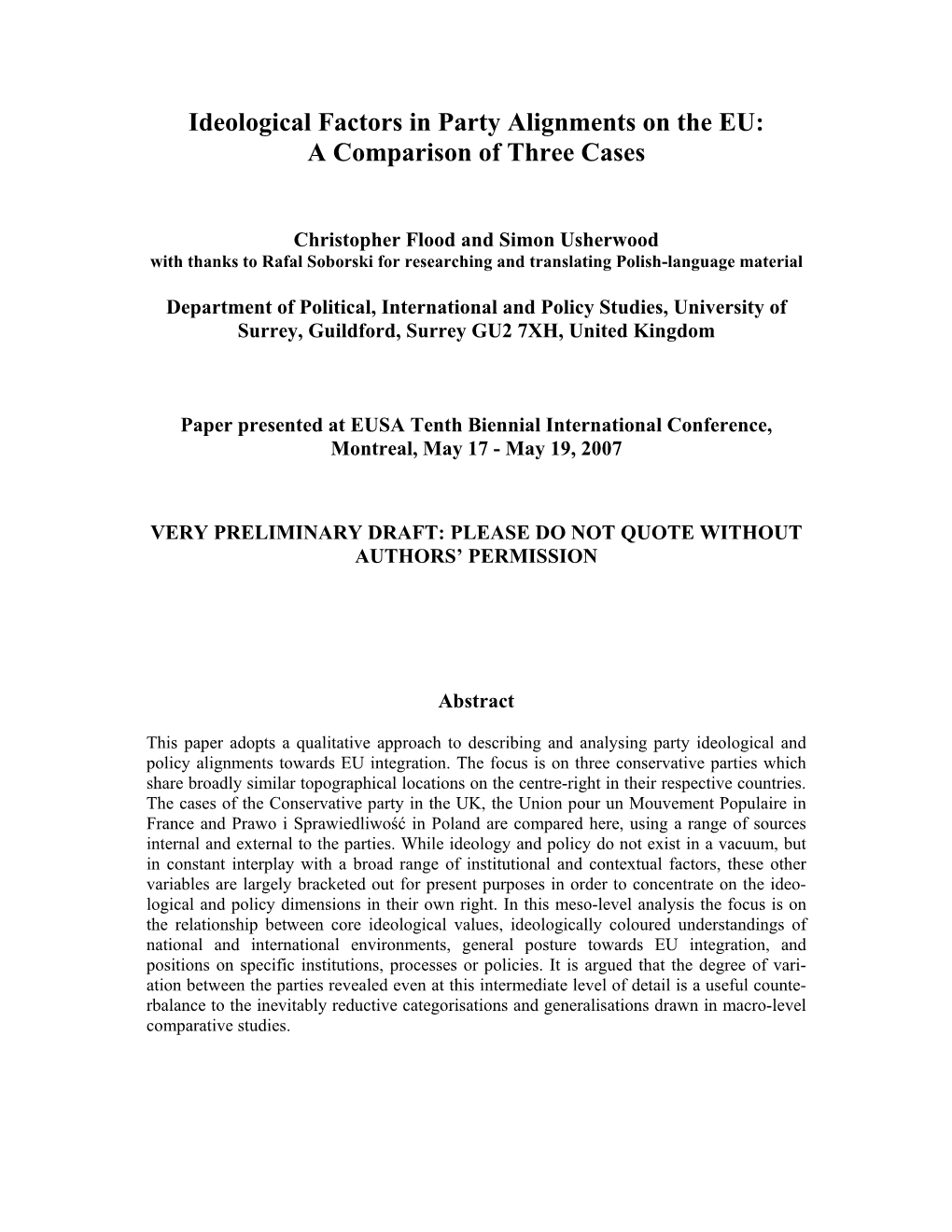 Ideological Factors in Party Alignments on the EU: a Comparison of Three Cases