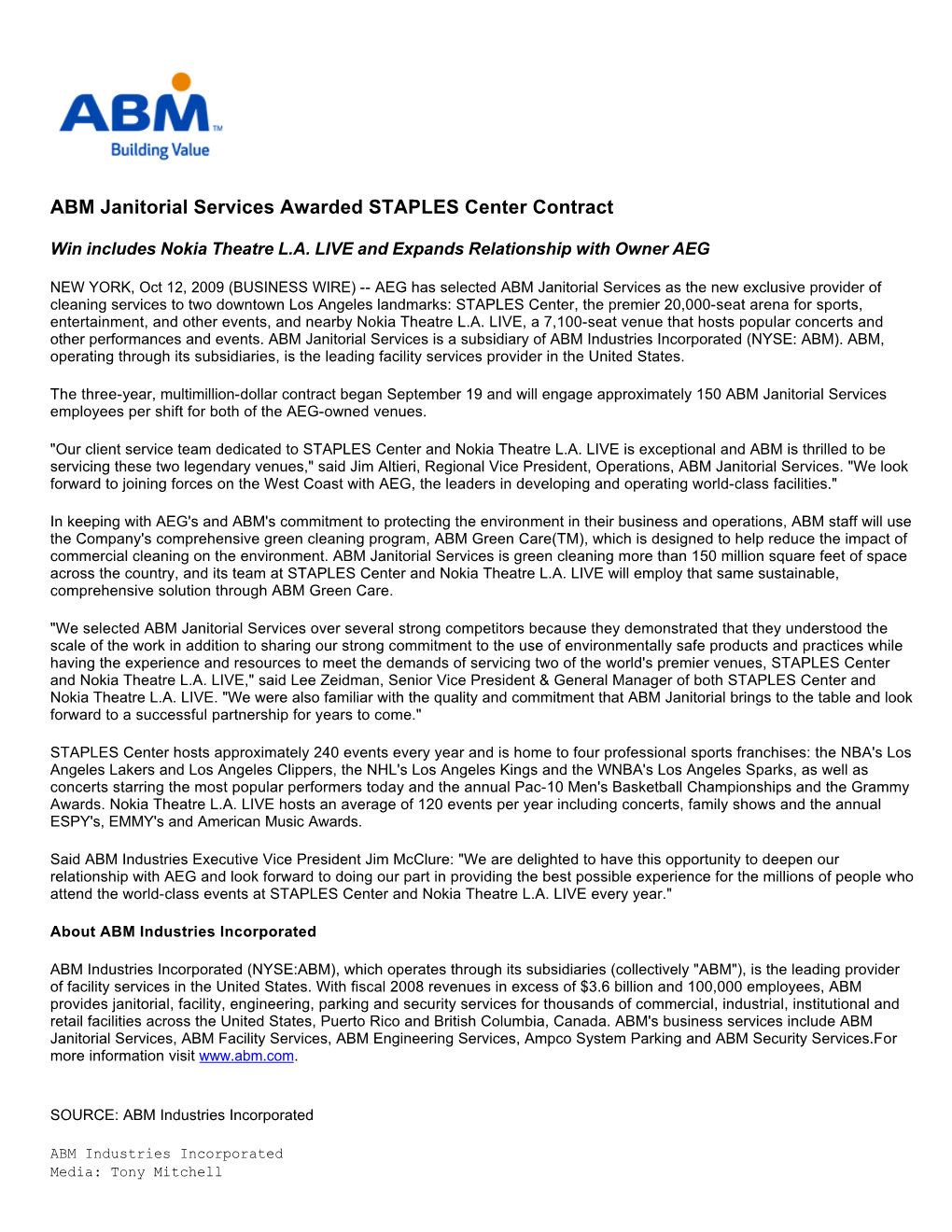 ABM Janitorial Services Awarded STAPLES Center Contract