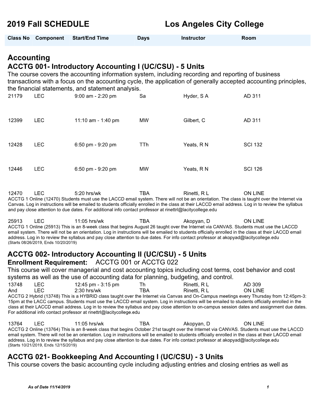 2019 Fall SCHEDULE Los Angeles City College