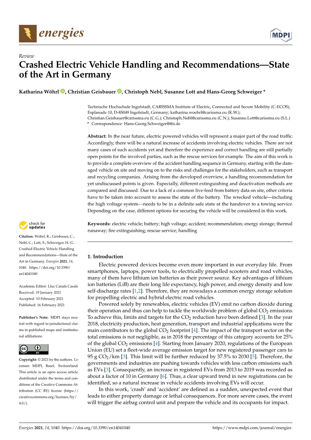 Crashed Electric Vehicle Handling and Recommendations—State of the Art in Germany