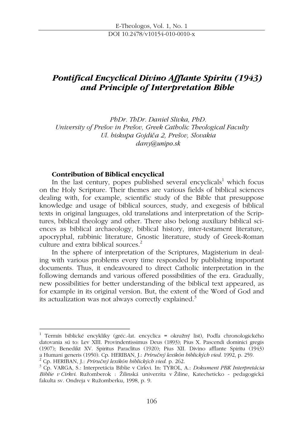 Pontifical Encyclical Divino Afflante Spiritu (1943) and Principle of Interpretation Bible