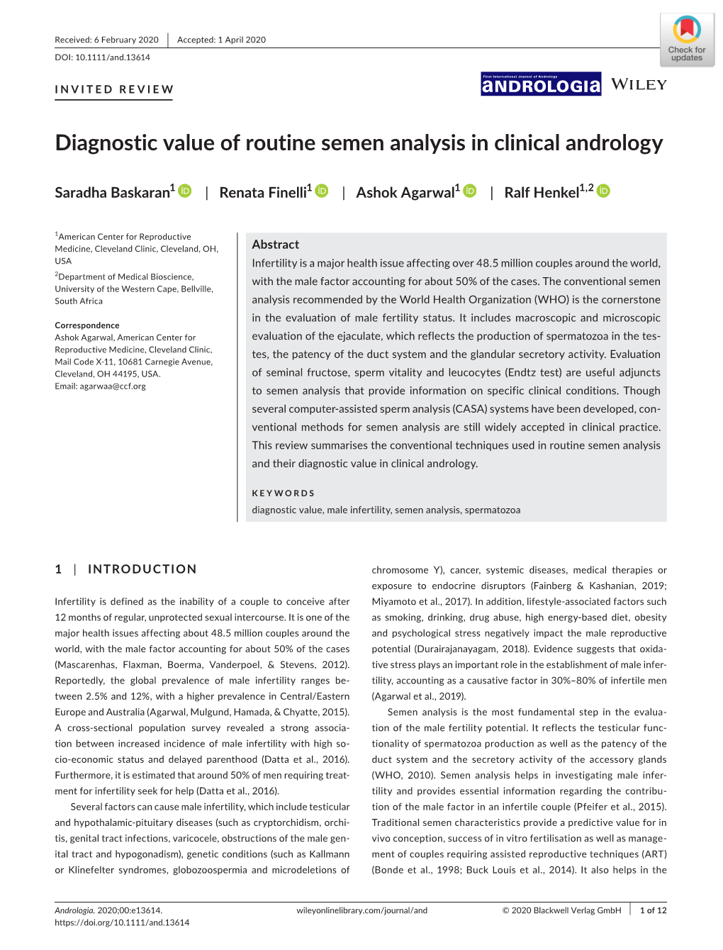 Diagnostic Value of Routine Semen Analysis in Clinical Andrology