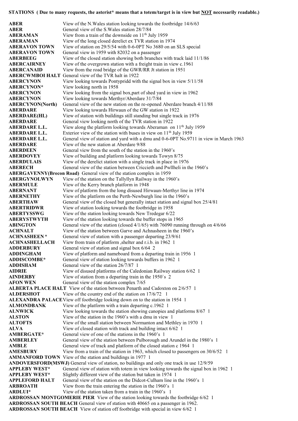 STATIONS ( Due to Many Requests, the Asterist* Means That a Totem/Target Is in View but NOT Necessarily Readable.)