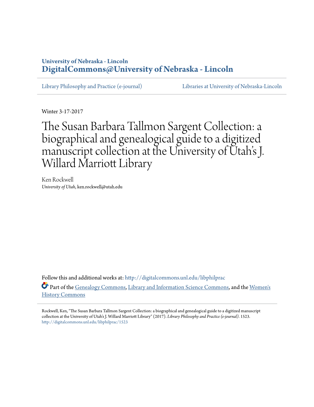 The Susan Barbara Tallmon Sargent Collection: a Biographical and Genealogical Guide to a Digitized Manuscript Collection at the University of Utah’S J