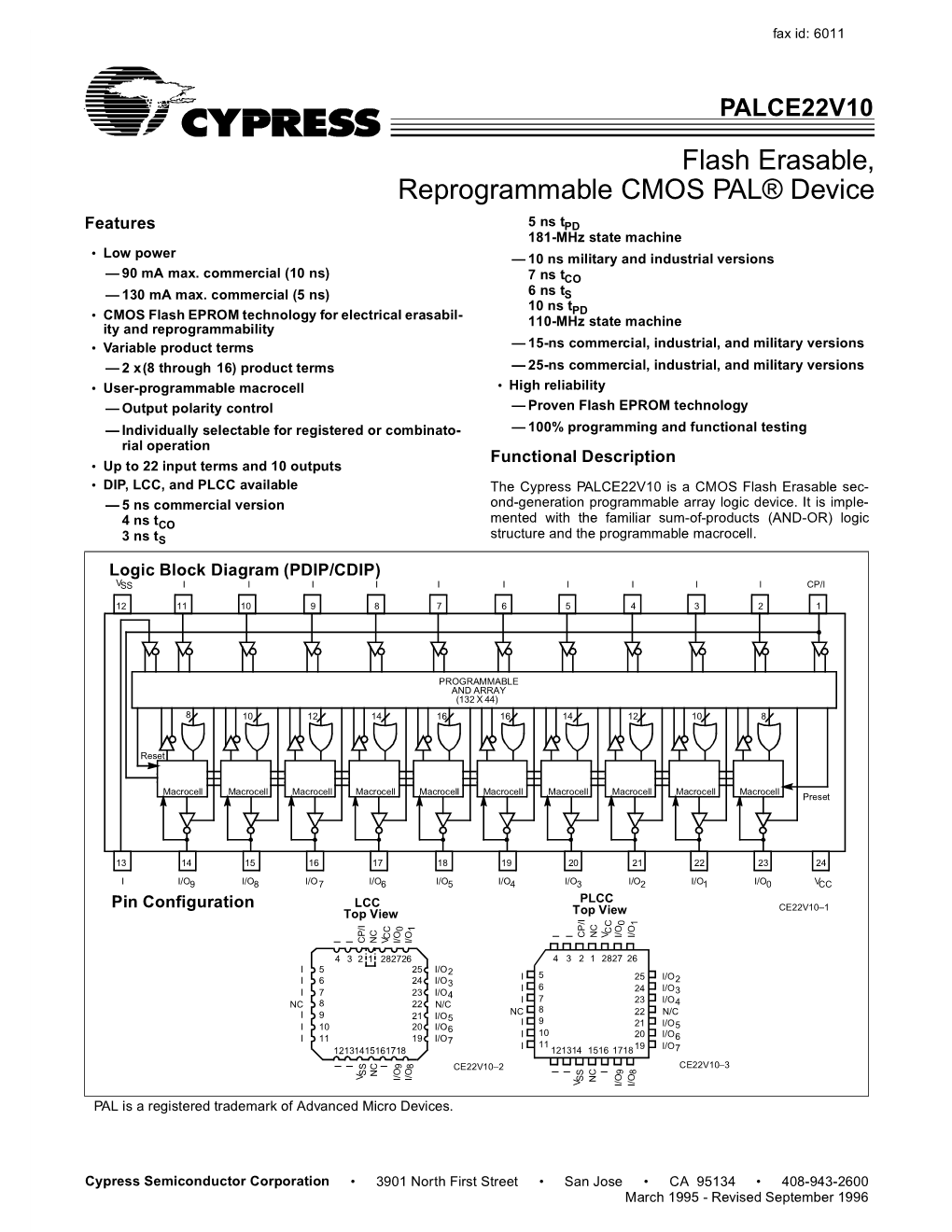 PALCE22V10 Flash Erasable, Reprogrammable CMOS PAL® Device
