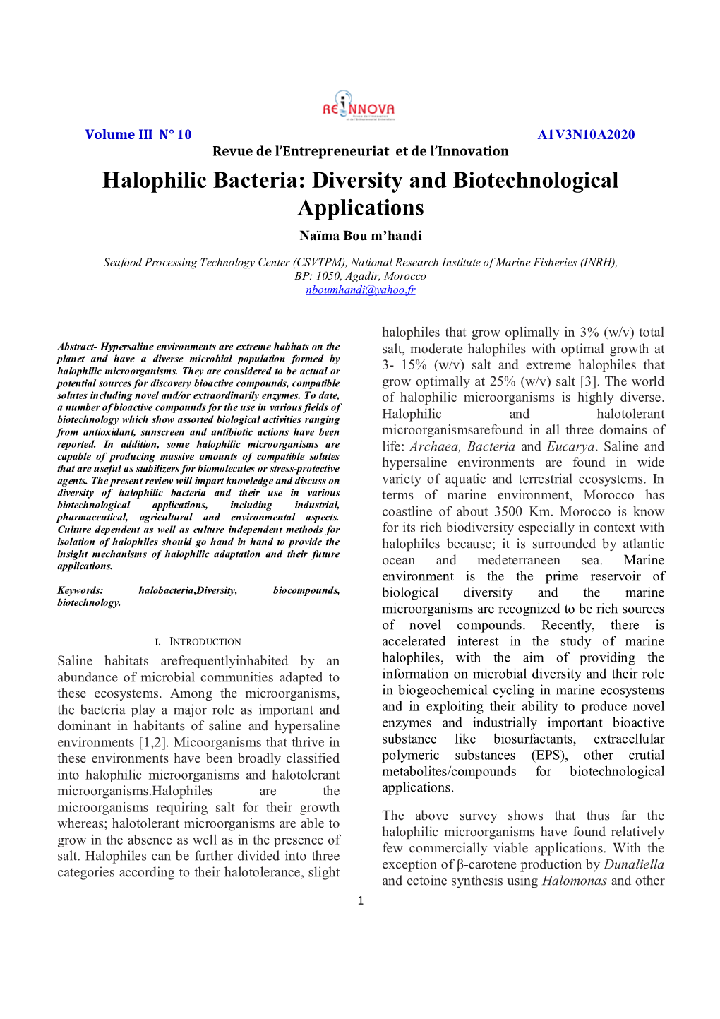 Halophilic Bacteria: Diversity and Biotechnological Applications Naïma Bou M’Handi