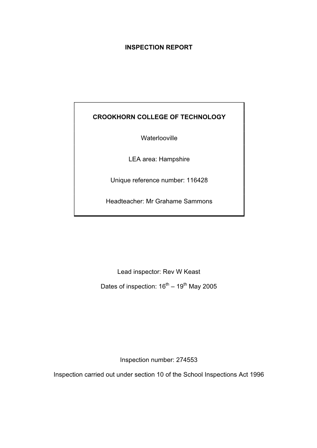 Inspection Report Crookhorn College of Technology