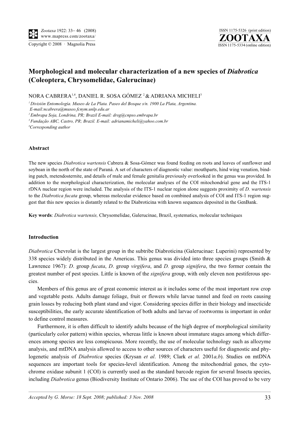 Zootaxa, Morphological and Molecular Characterization of a New Species of Diabrotica (Coleoptera, Chrysomelidae, Galerucinae)