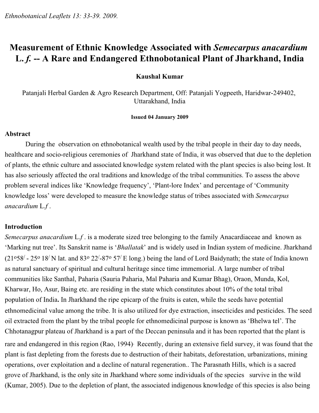 Measurement of Ethnic Knowledge Associated with Semecarpus Anacardium L