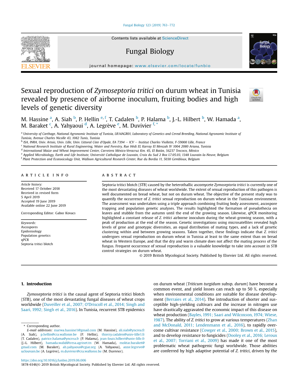 Sexual Reproduction of Zymoseptoria Tritici on Durum Wheat in Tunisia Revealed by Presence of Airborne Inoculum, Fruiting Bodies and High Levels of Genetic Diversity