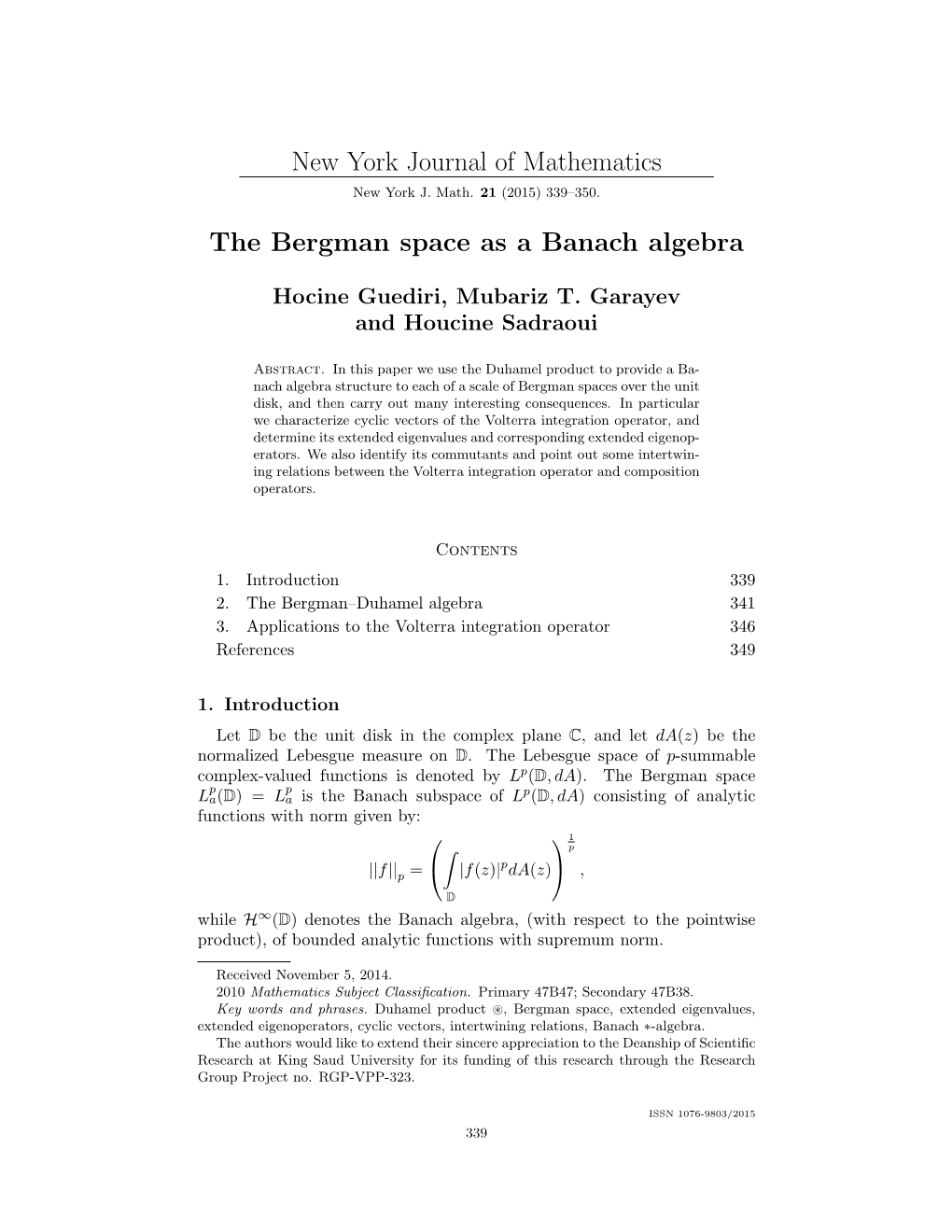 New York Journal of Mathematics the Bergman Space As a Banach Algebra