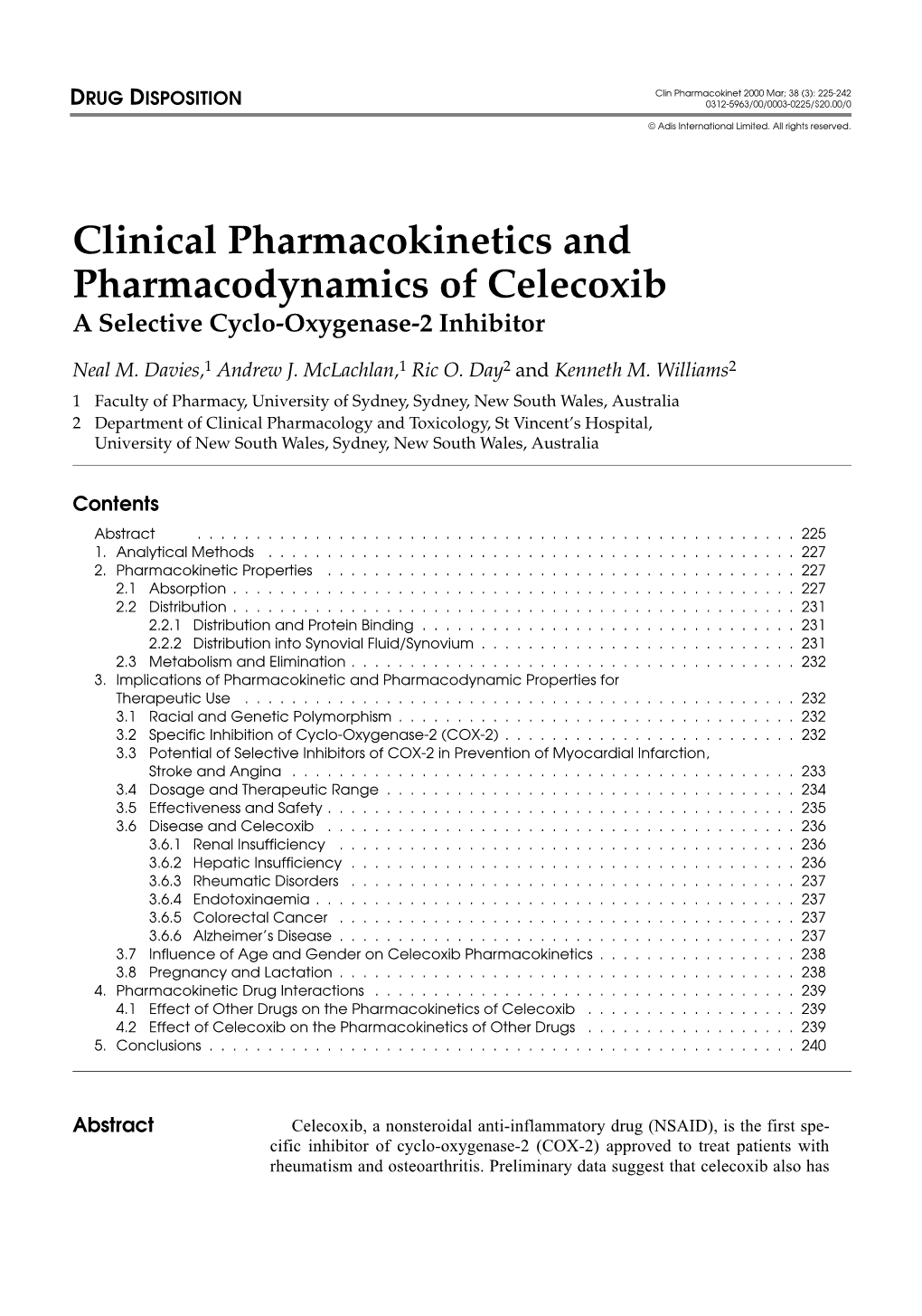 Clinical Pharmacokinetics and Pharmacodynamics of Celecoxib a Selective Cyclo-Oxygenase-2 Inhibitor