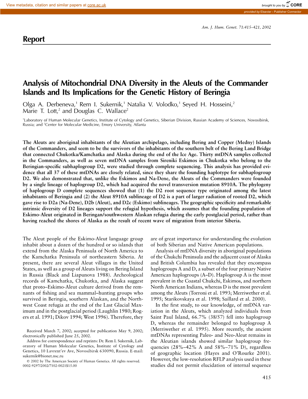 Report Analysis of Mitochondrial DNA Diversity in the Aleuts of The