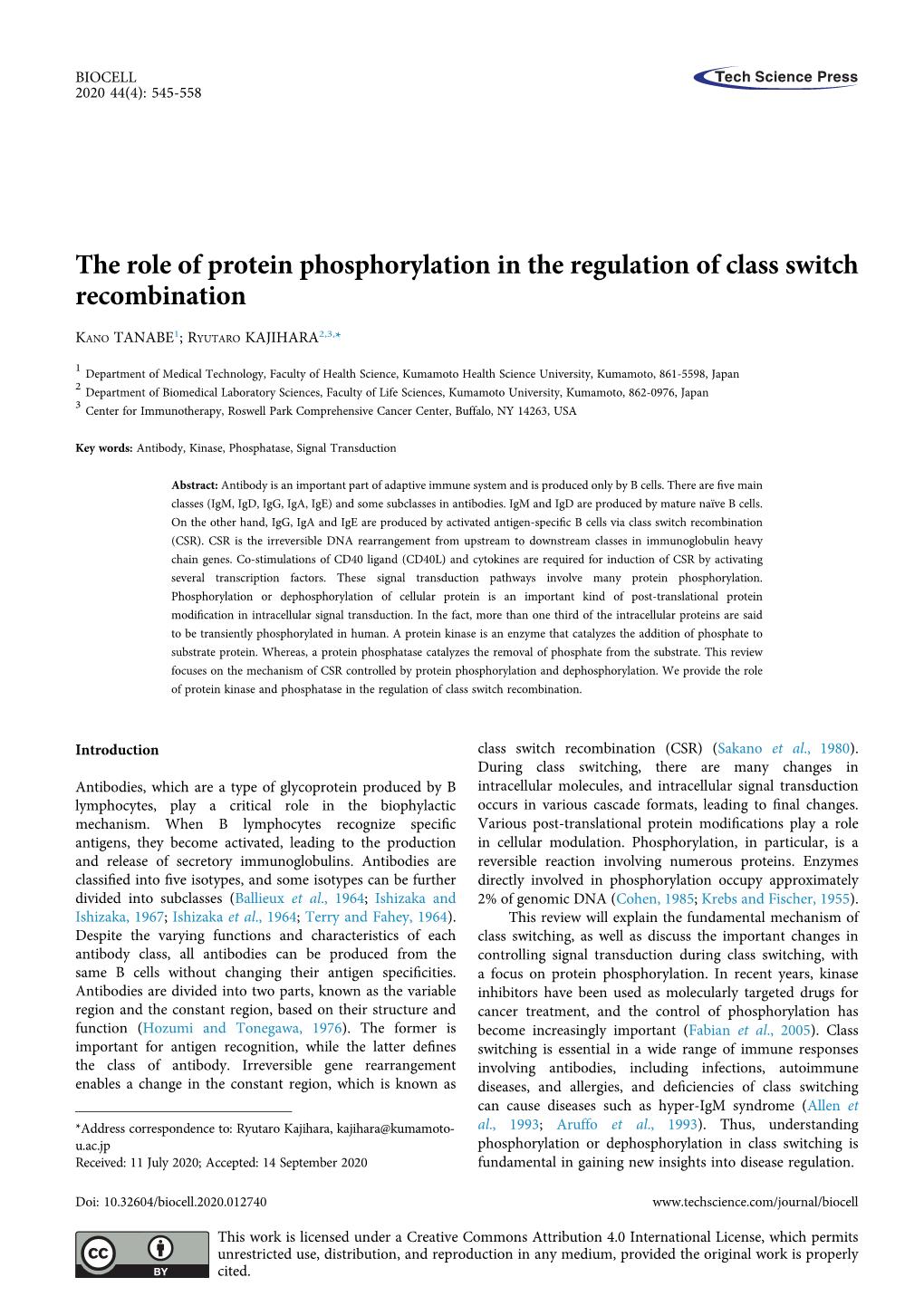 The Role of Protein Phosphorylation in the Regulation of Class Switch Recombination