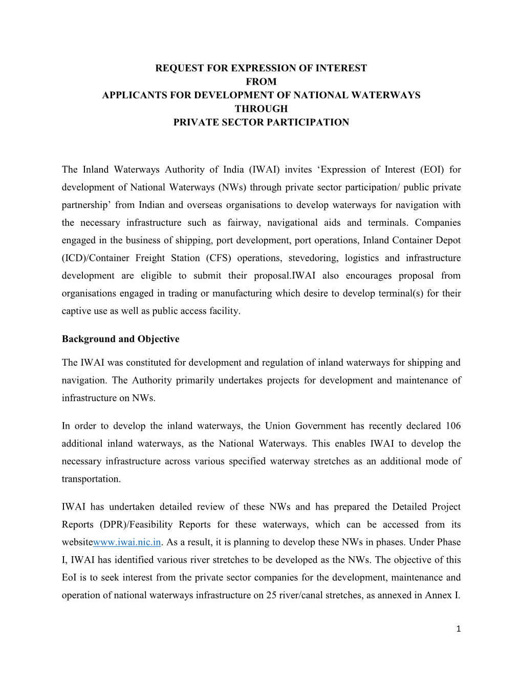 Request for Expression of Interest from Applicants for Development of National Waterways Through Private Sector Participation