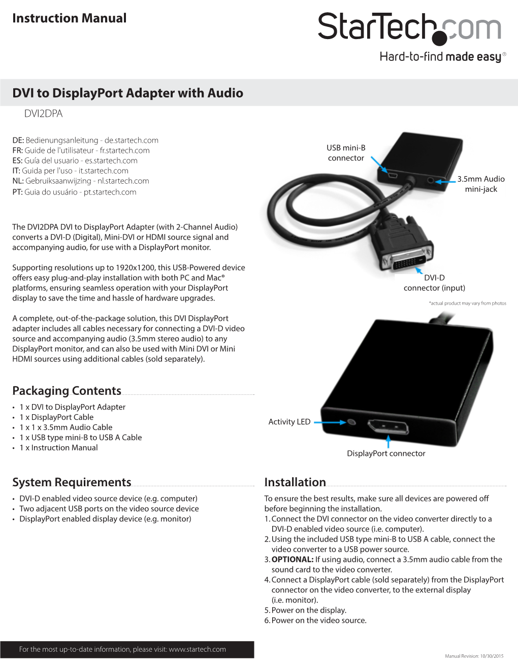 Instruction Manual DVI to Displayport Adapter with Audio