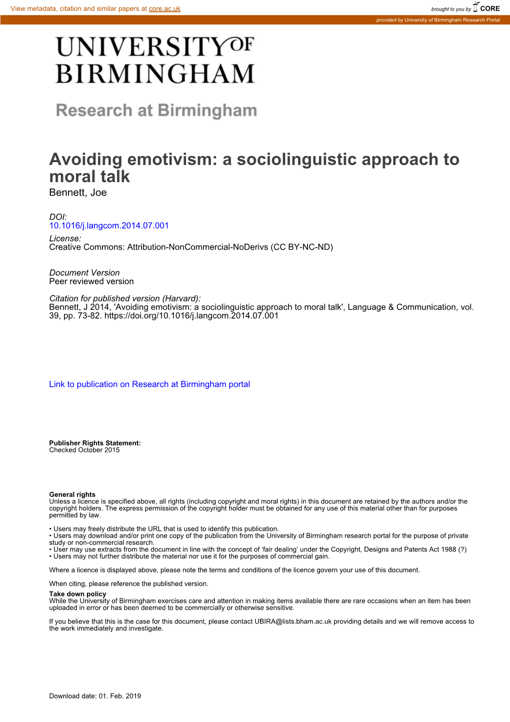 Avoiding Emotivism: a Sociolinguistic Approach to Moral Talk Bennett, Joe