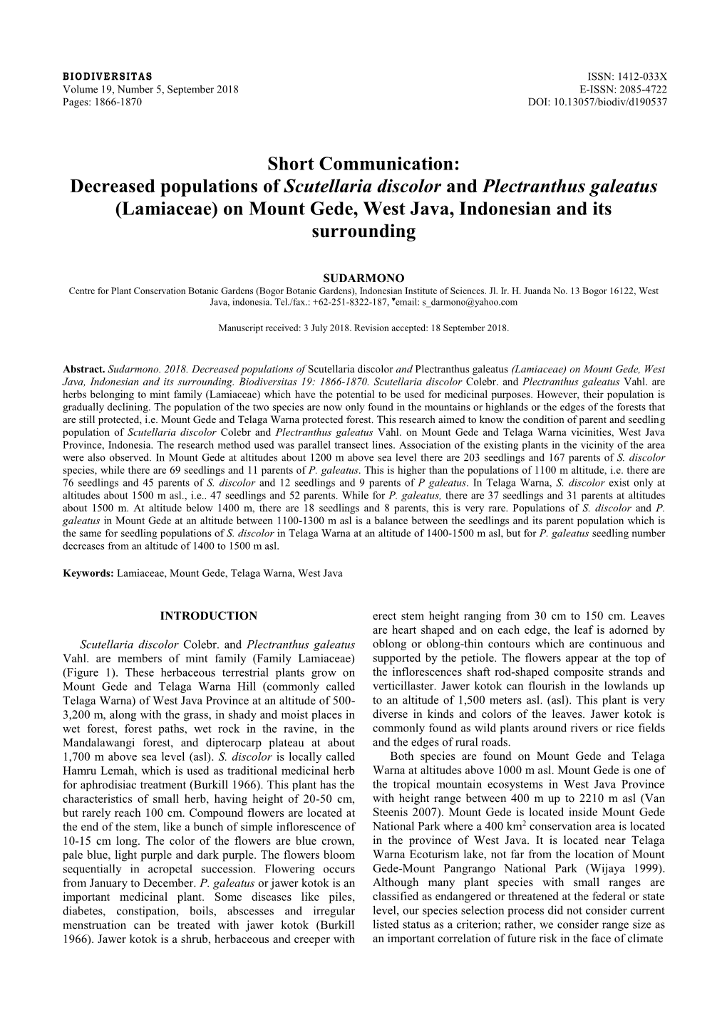 Decreased Populations of Scutellaria Discolor and Plectranthus Galeatus (Lamiaceae) on Mount Gede, West Java, Indonesian and Its Surrounding