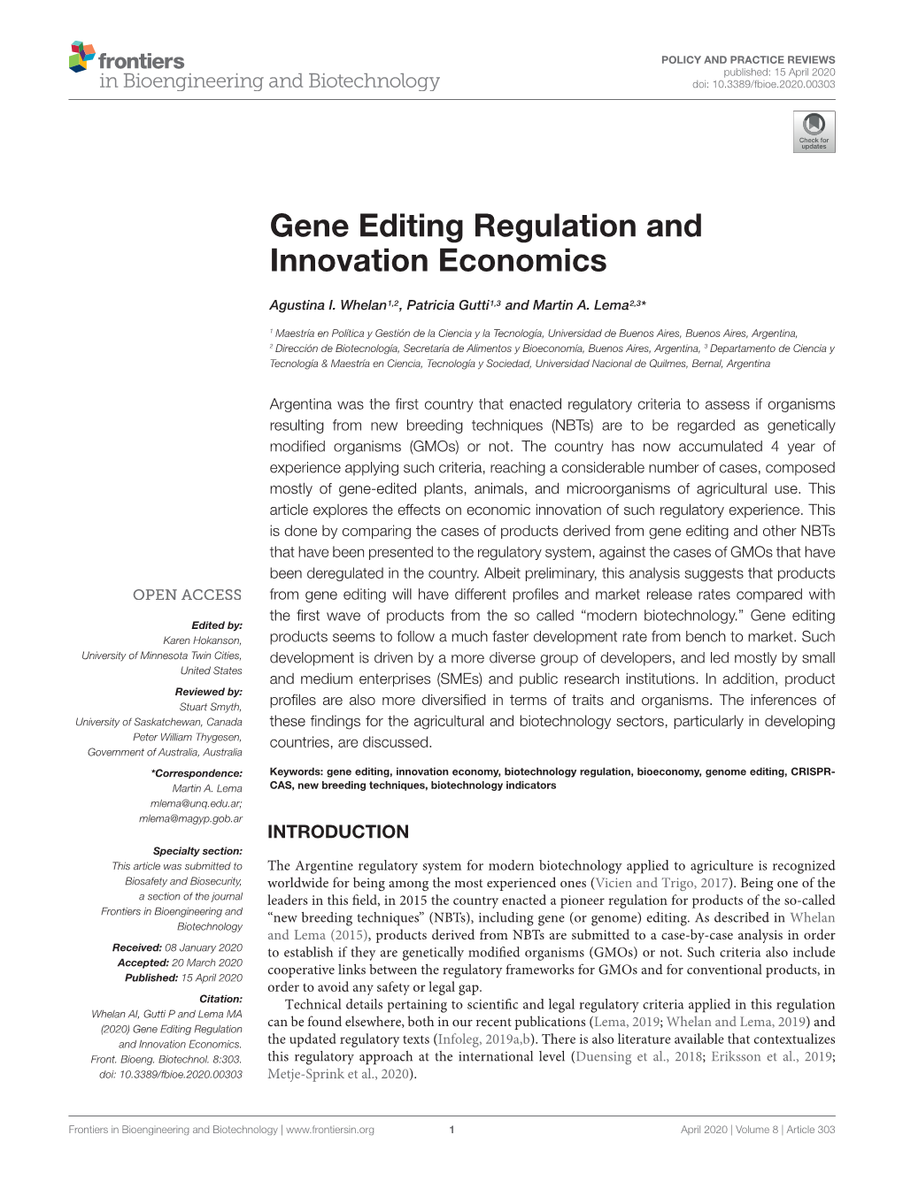 Gene Editing Regulation and Innovation Economics