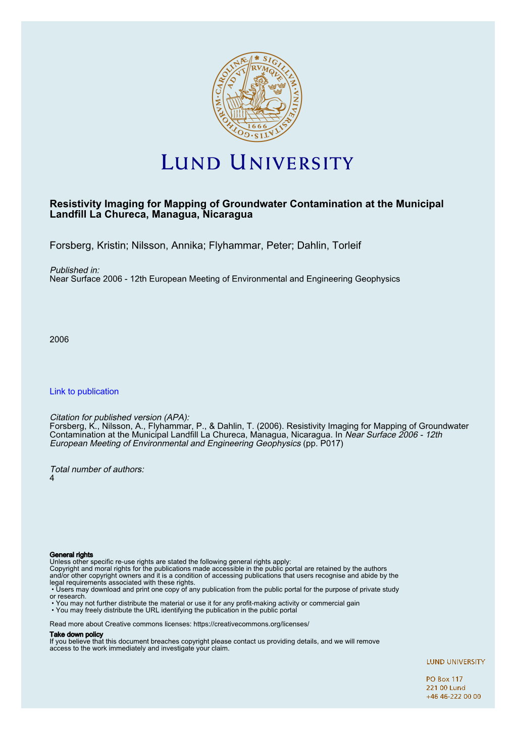 Resistivity Imaging for Mapping of Groundwater Contamination at the Municipal Landfill La Chureca, Managua, Nicaragua