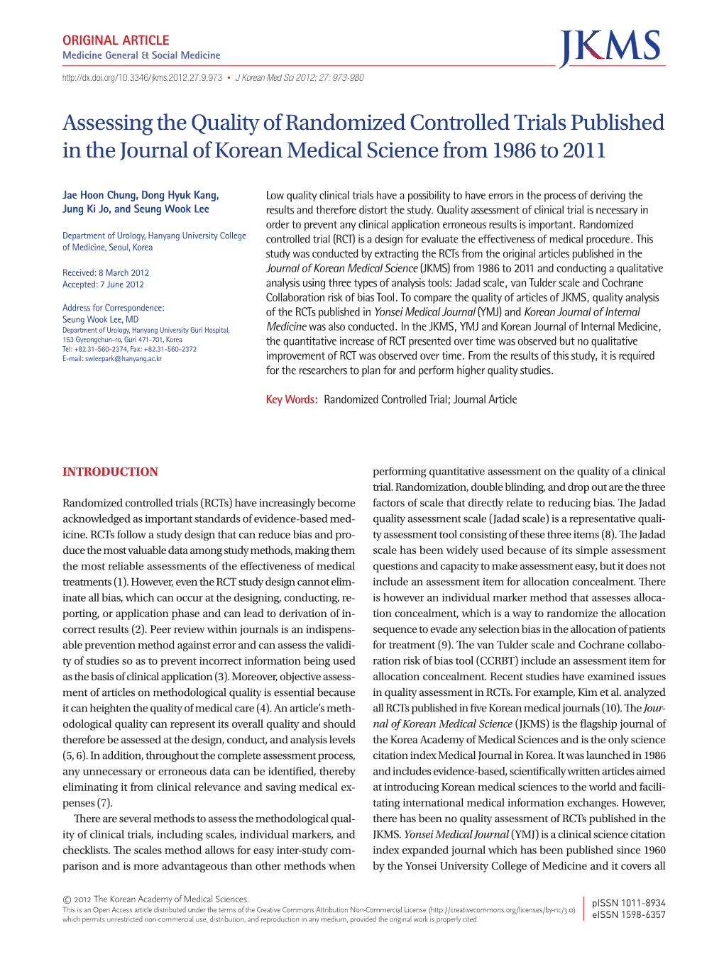 Assessing the Quality of Randomized Controlled Trials Published in the Journal of Korean Medical Science from 1986 to 2011