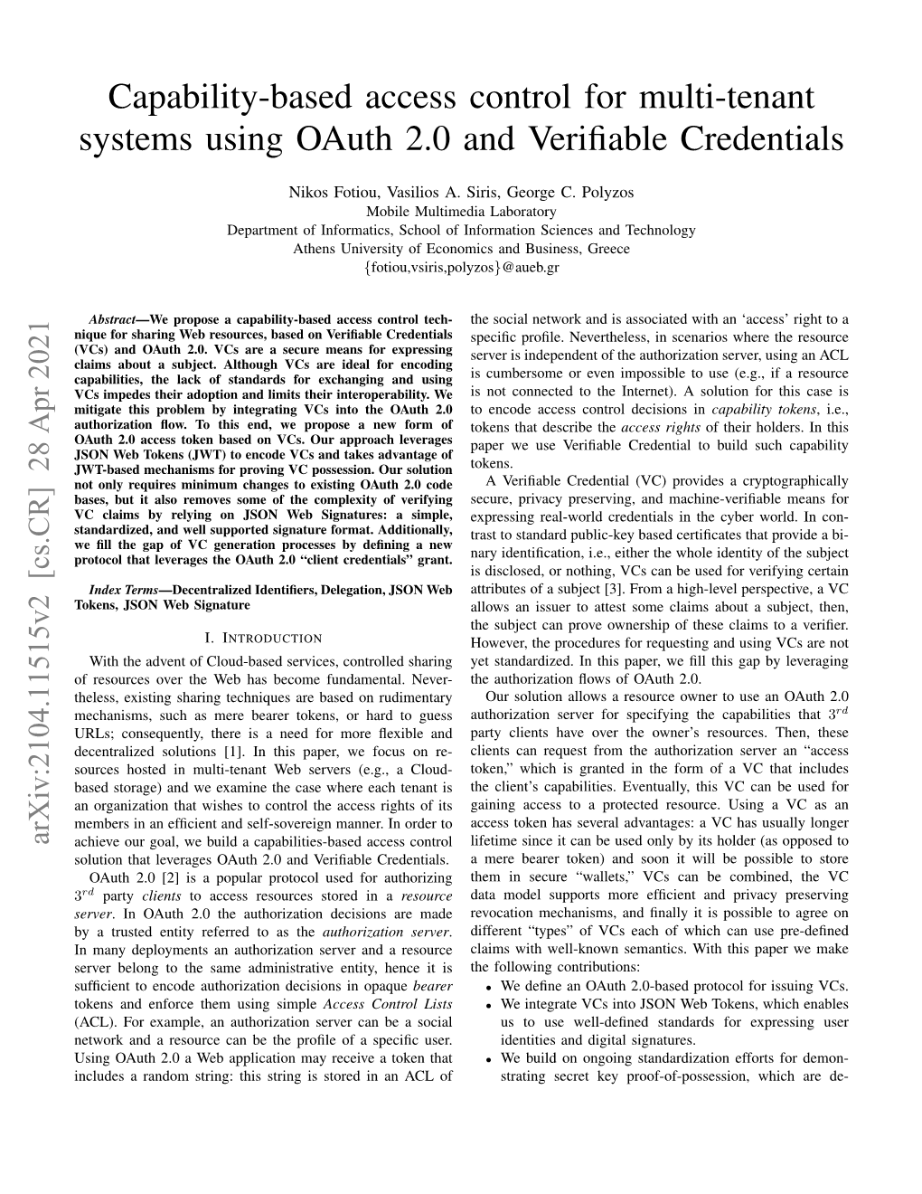 Capability-Based Access Control for Multi-Tenant Systems Using Oauth 2.0 and Veriﬁable Credentials