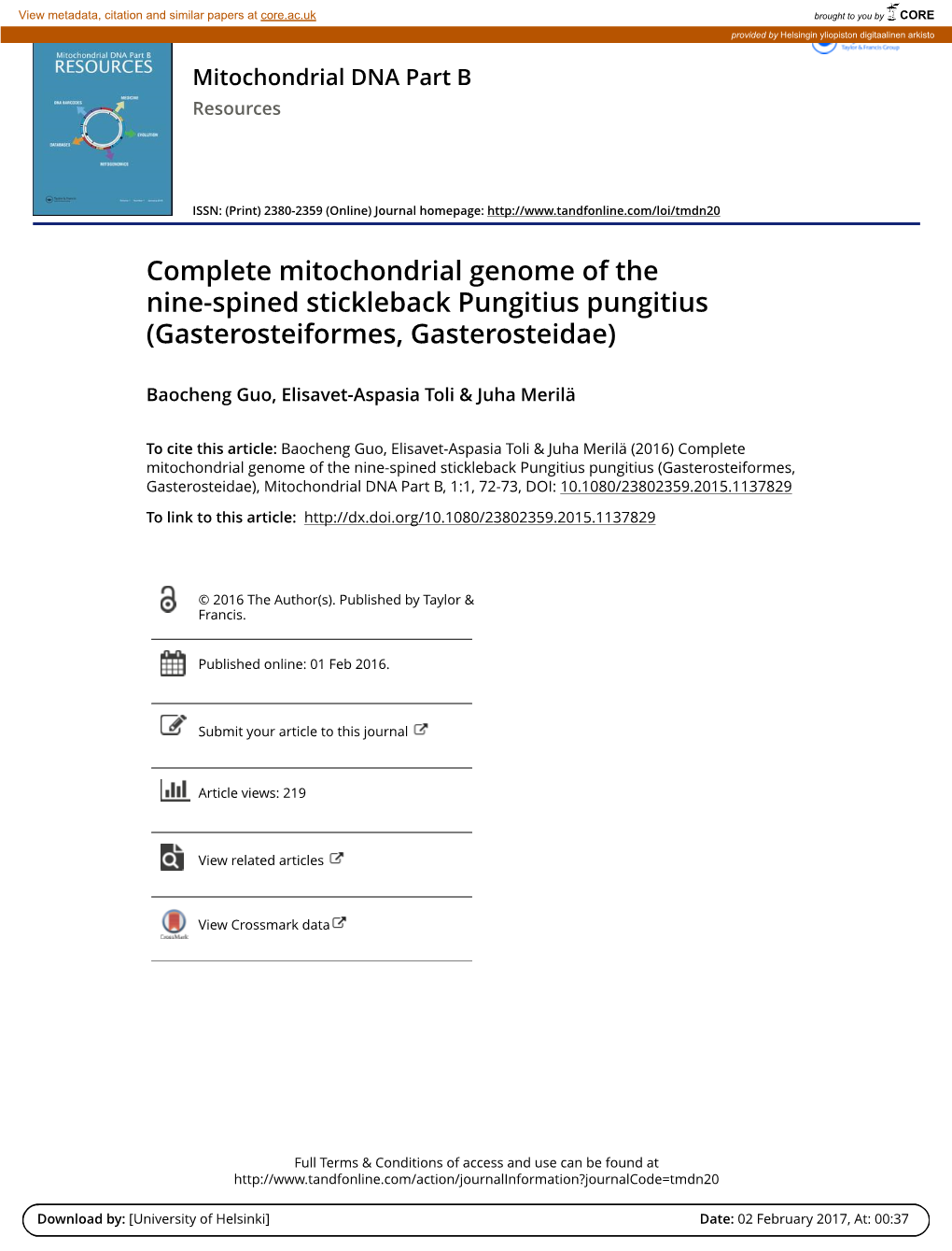 Complete Mitochondrial Genome of the Nine-Spined Stickleback Pungitius Pungitius (Gasterosteiformes, Gasterosteidae)