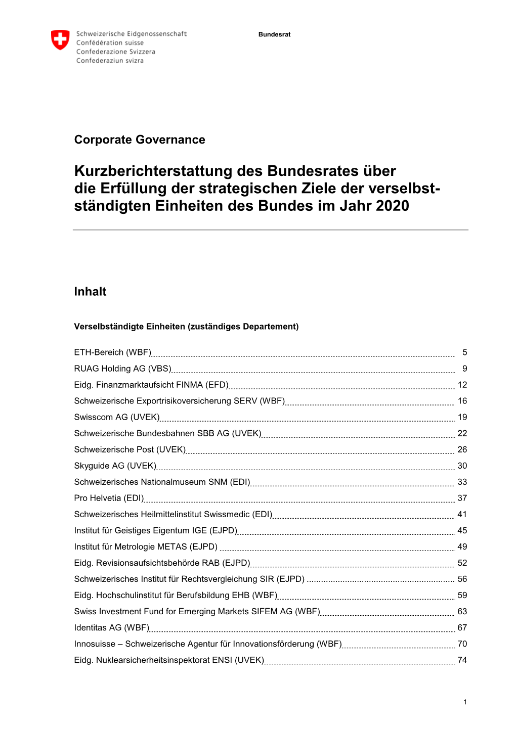 Bericht Des Bundesrates Über Die Erreichung Der Strategischen Ziele