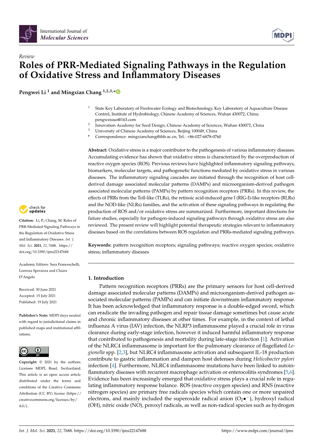 Roles of PRR-Mediated Signaling Pathways in the Regulation of Oxidative Stress and Inﬂammatory Diseases
