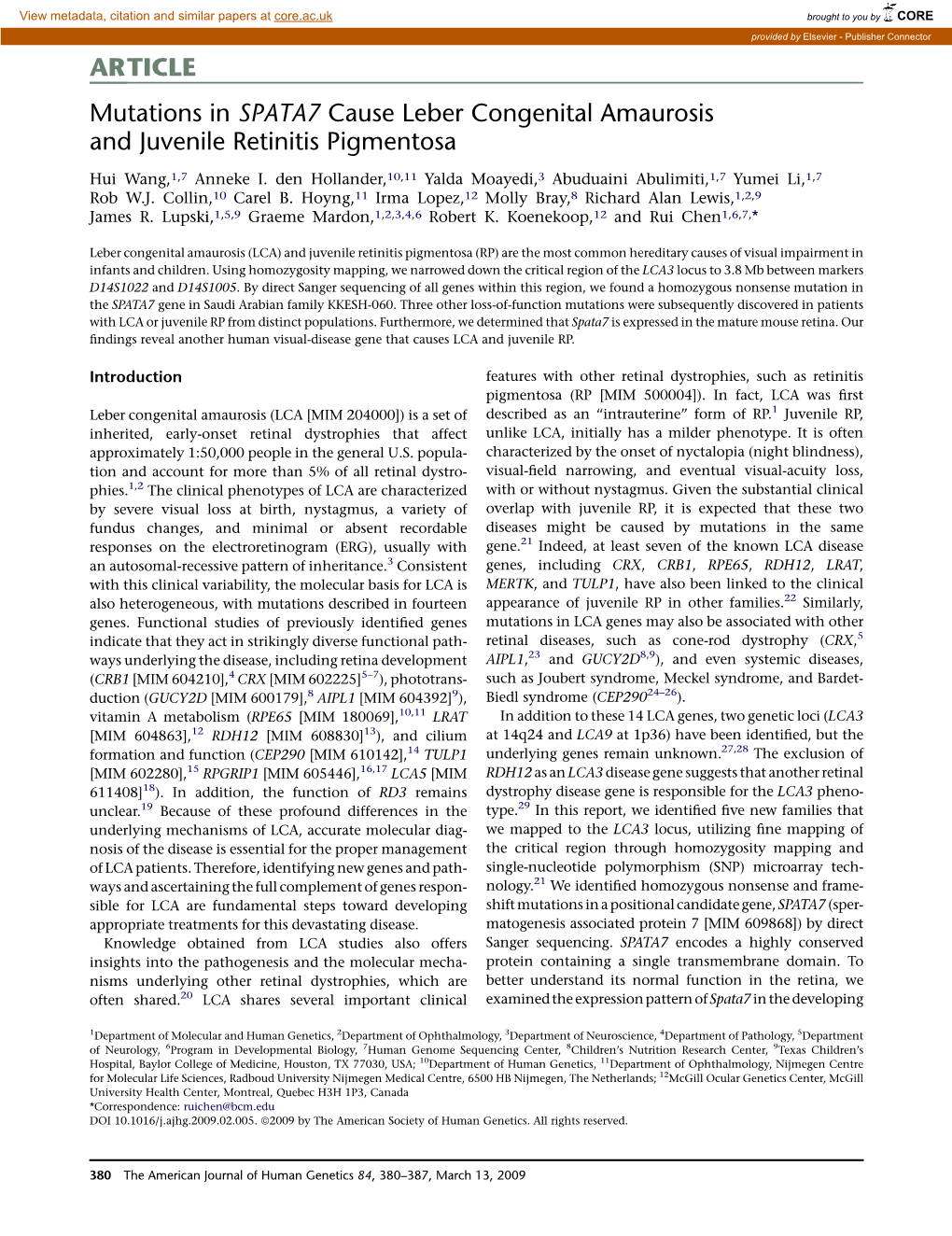 Mutations in SPATA7 Cause Leber Congenital Amaurosis and Juvenile Retinitis Pigmentosa