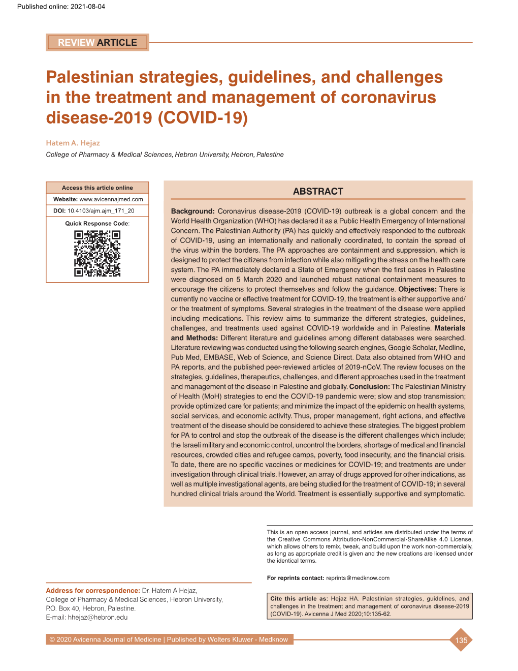 Palestinian Strategies, Guidelines, and Challenges in the Treatment and Management of Coronavirus Disease-2019 (COVID-19)