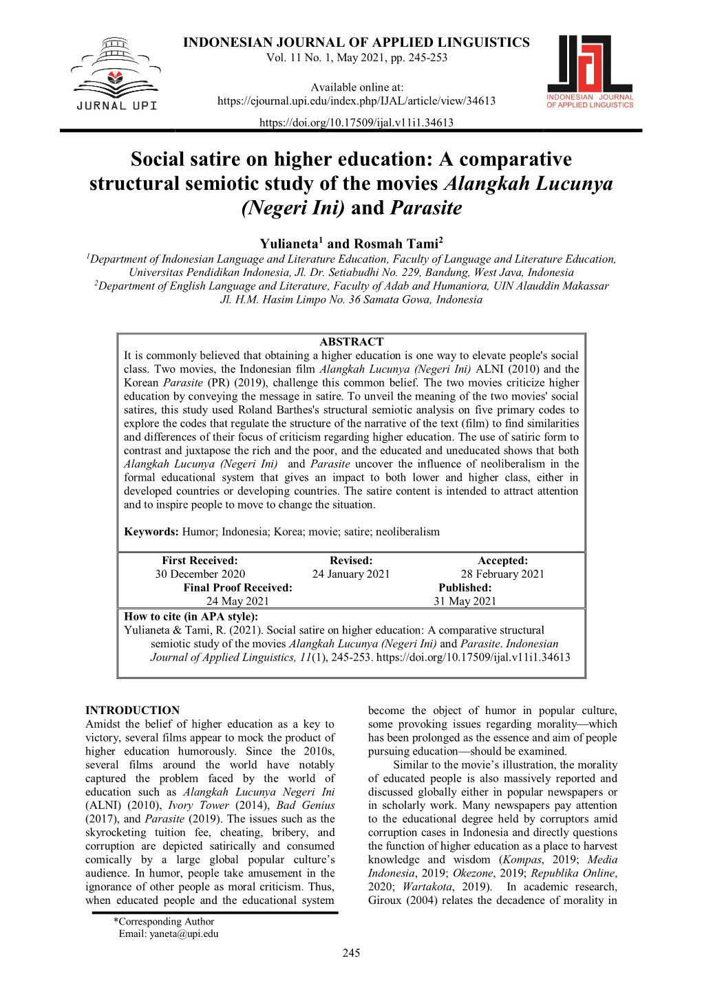 Social Satire on Higher Education: a Comparative Structural Semiotic Study of the Movies Alangkah Lucunya (Negeri Ini) and Parasite