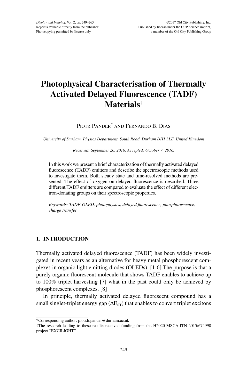 Photophysical Characterisation of Thermally Activated Delayed Fluorescence (TADF) Materials†