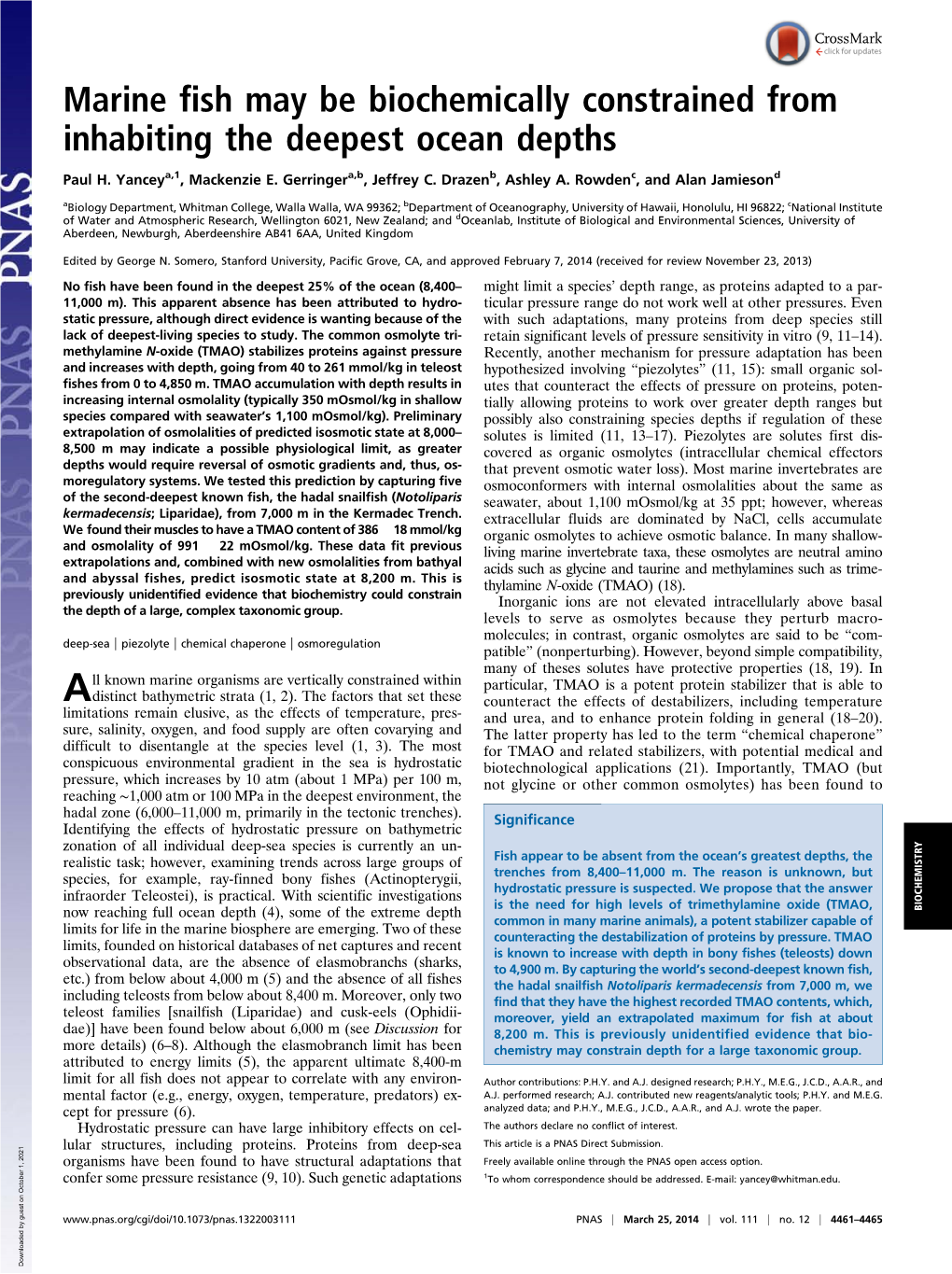 Marine Fish May Be Biochemically Constrained from Inhabiting the Deepest Ocean Depths