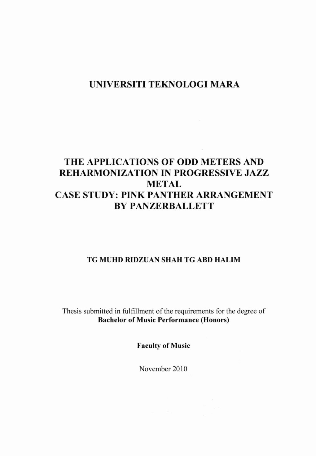 The Applications of Odd Meters and Reharmonization in Progressive Jazz Metal Case Study: Pink Panther Arrangement Bypanzerballett