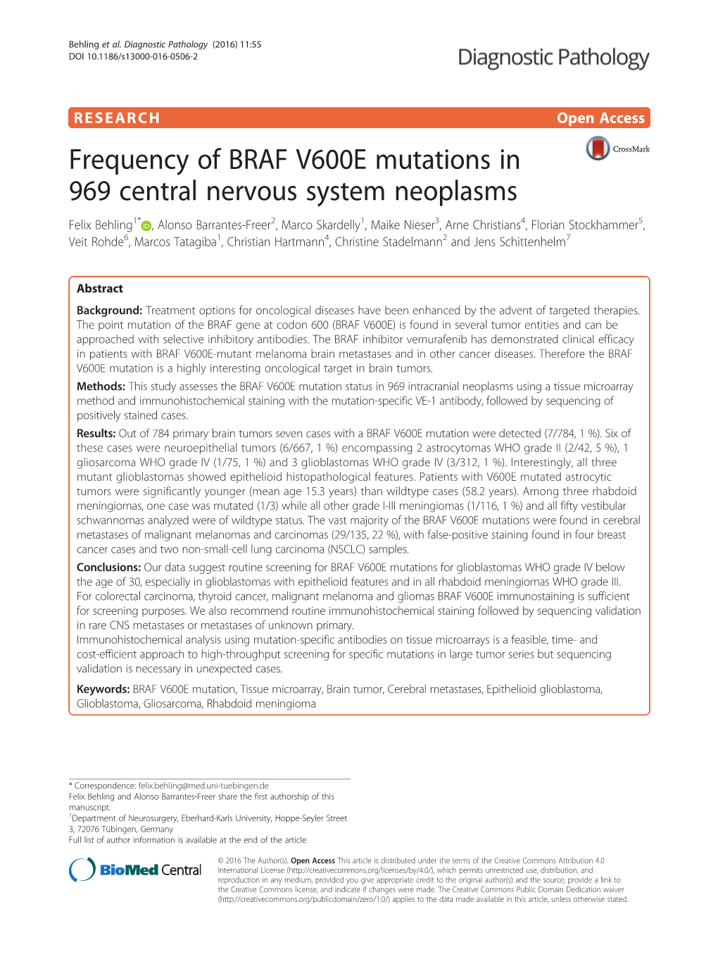 Frequency of BRAF V600E Mutations in 969 Central Nervous System