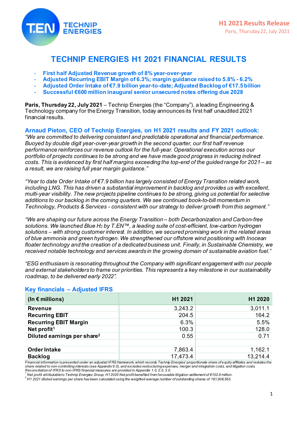 Technip Energies H1 2021 Financial Results