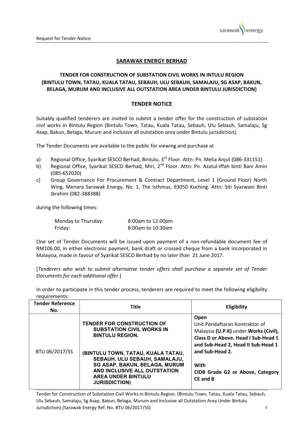 Sarawak Energy Berhad Tender Notice