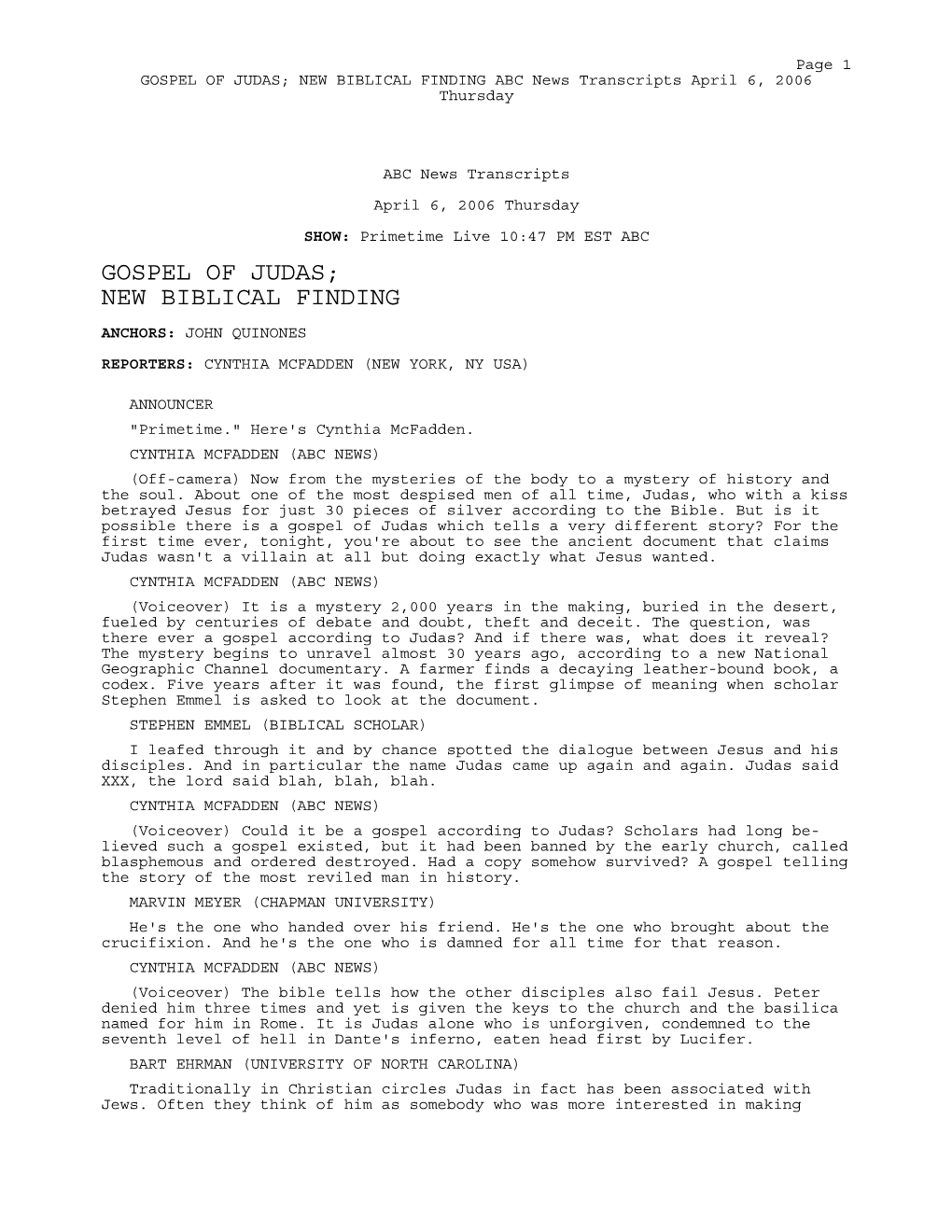 ABC News Transcripts April 6, 2006 Thursday