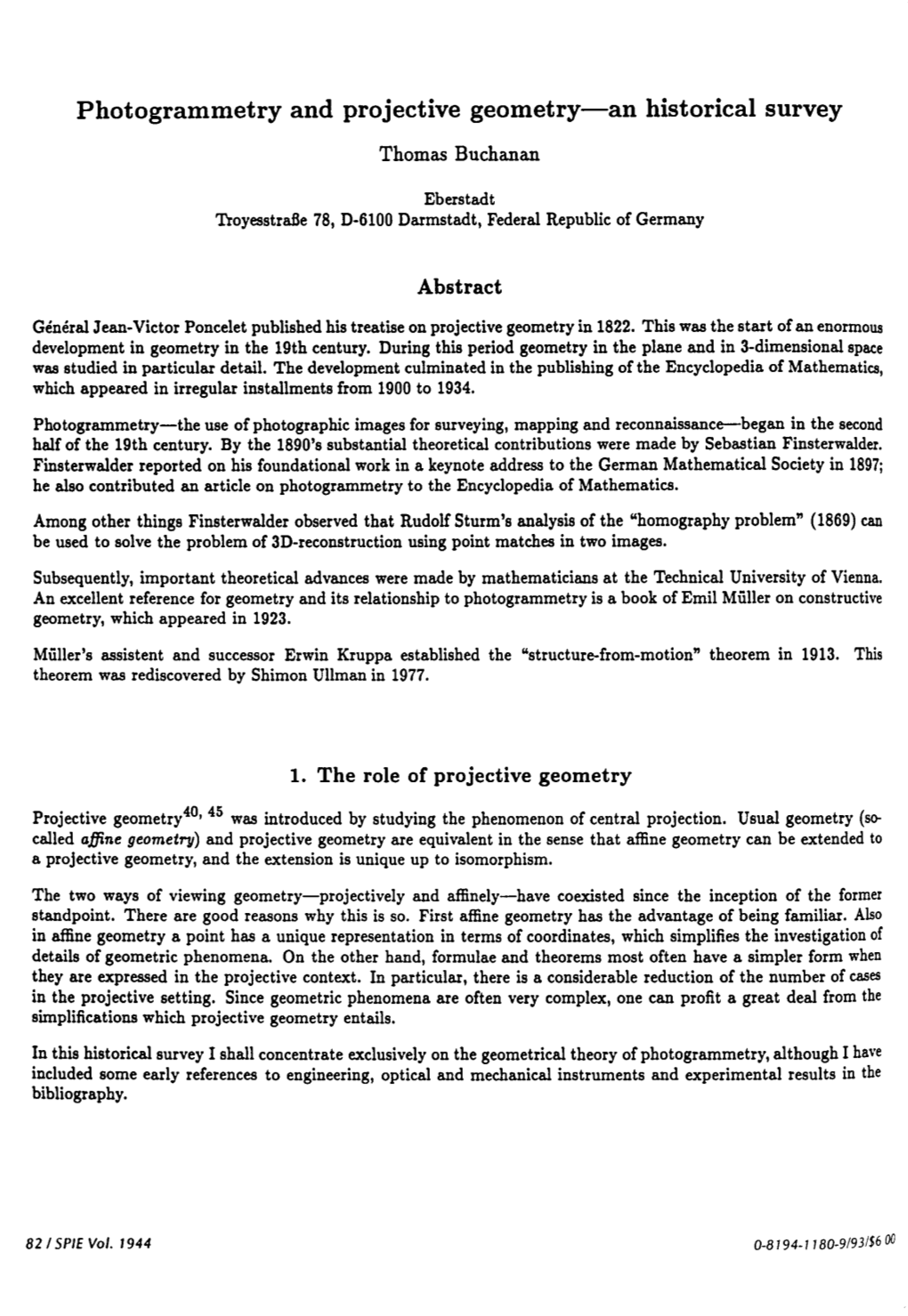 Photogrammetry and Projective Geometry-An Historical Survey