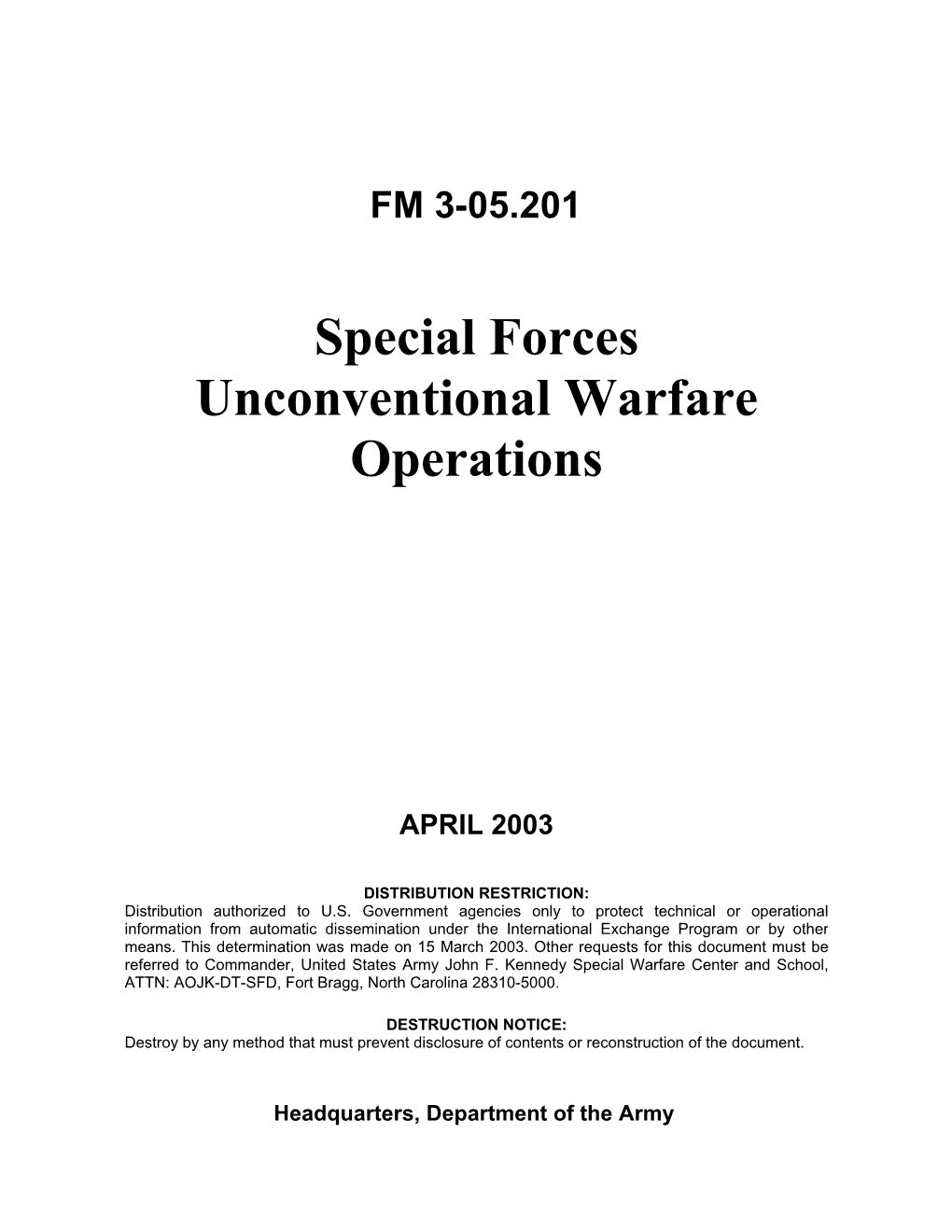 FM 3-05.201: Special Forces Unconventional Warfare Operations