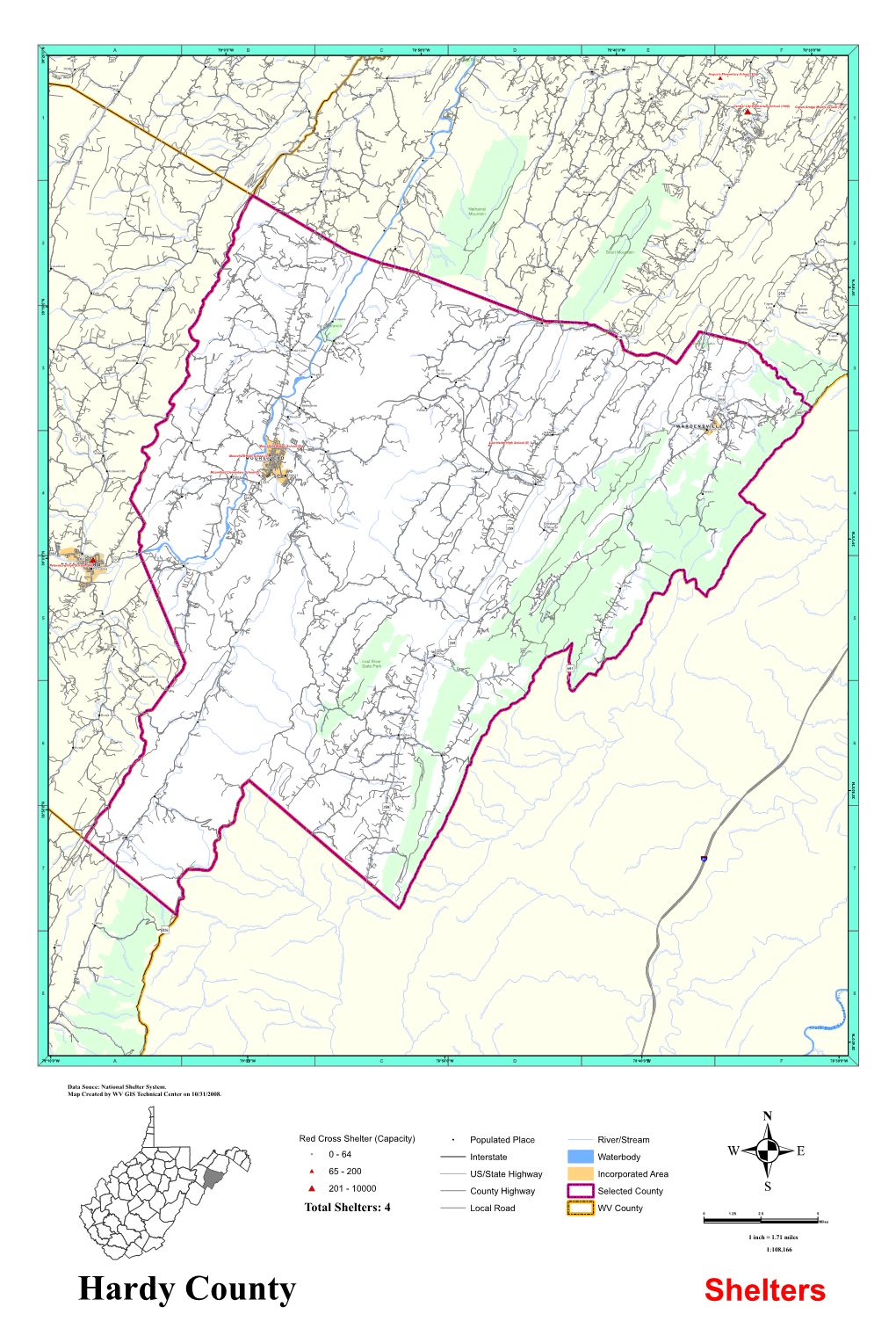 Shelters: 4 Local Road WV County 0 1.25 2.5 5