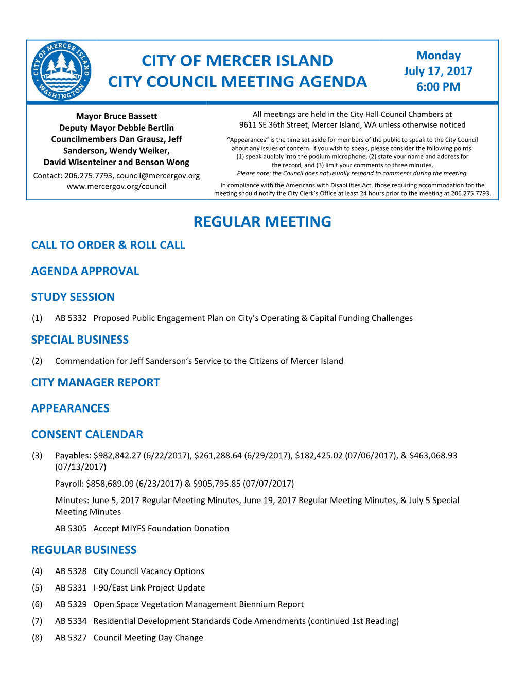 City of Mercer Island City Council Meeting Agenda