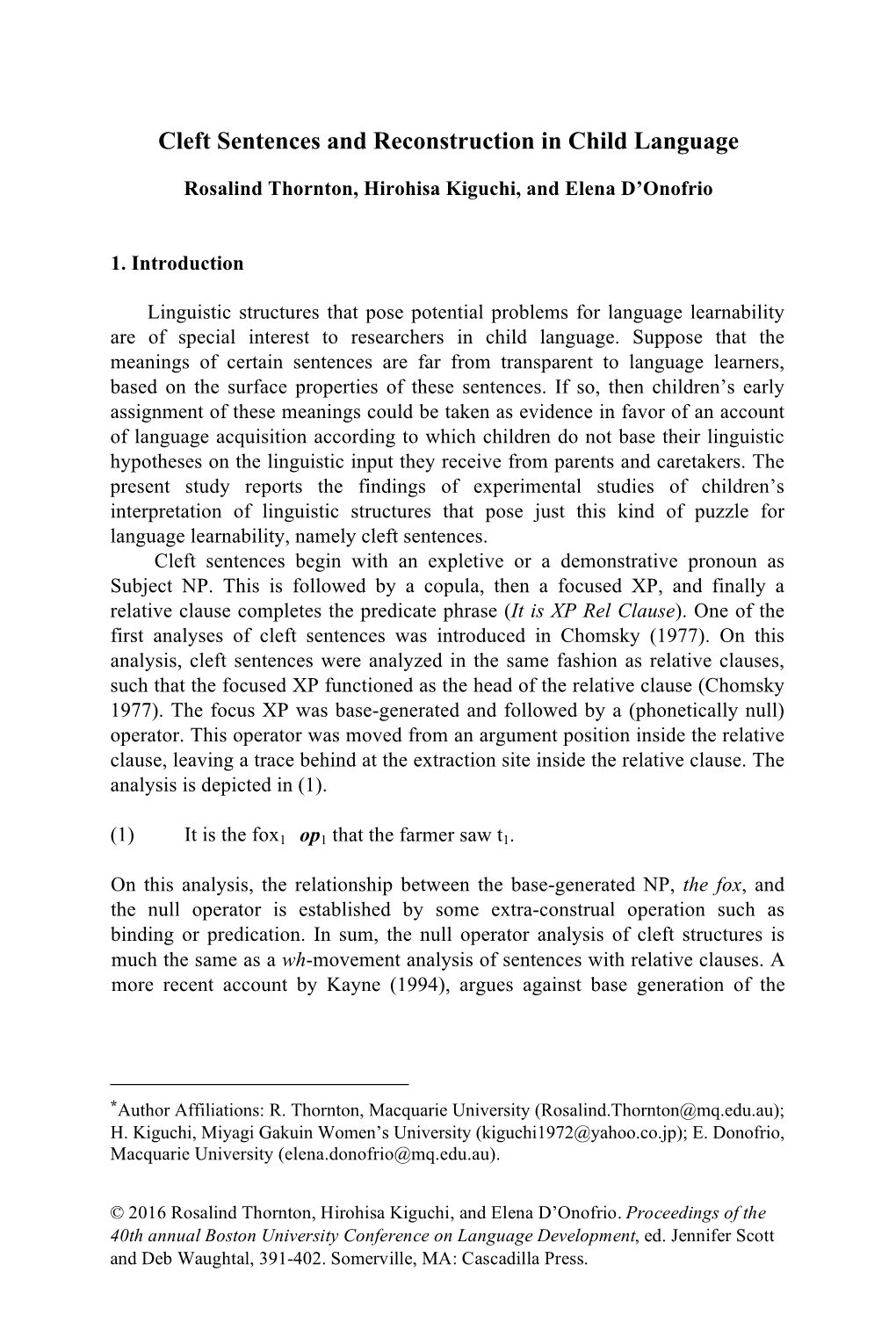 Cleft Sentences and Reconstruction in Child Language