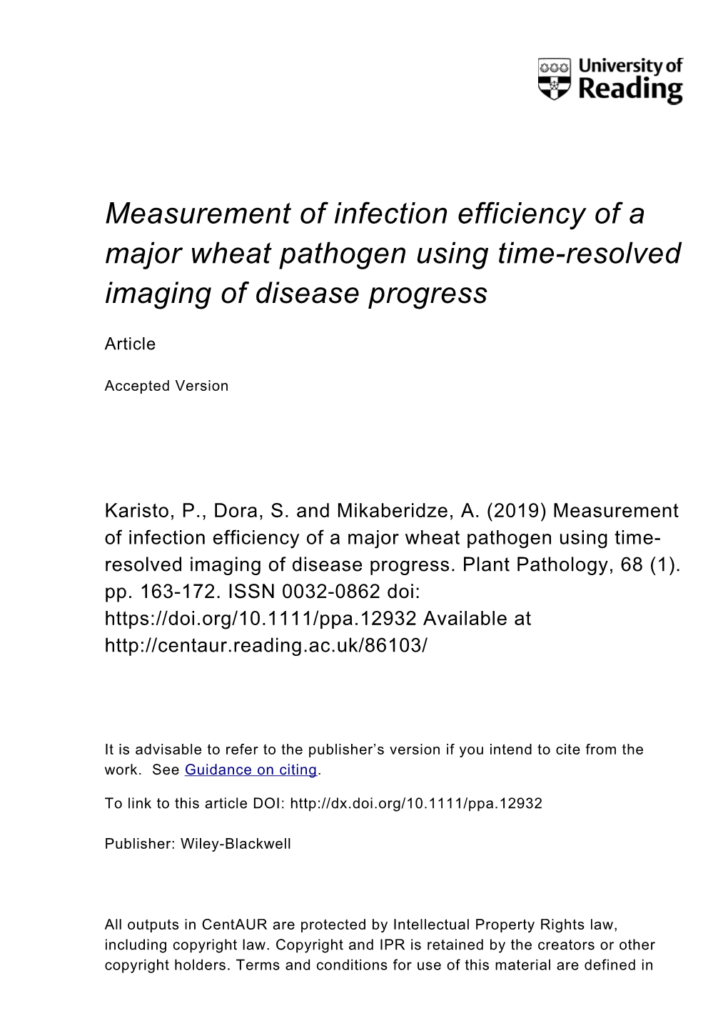 Measurement of Infection Efficiency of a Major Wheat Pathogen Using Time-Resolved Imaging of Disease Progress