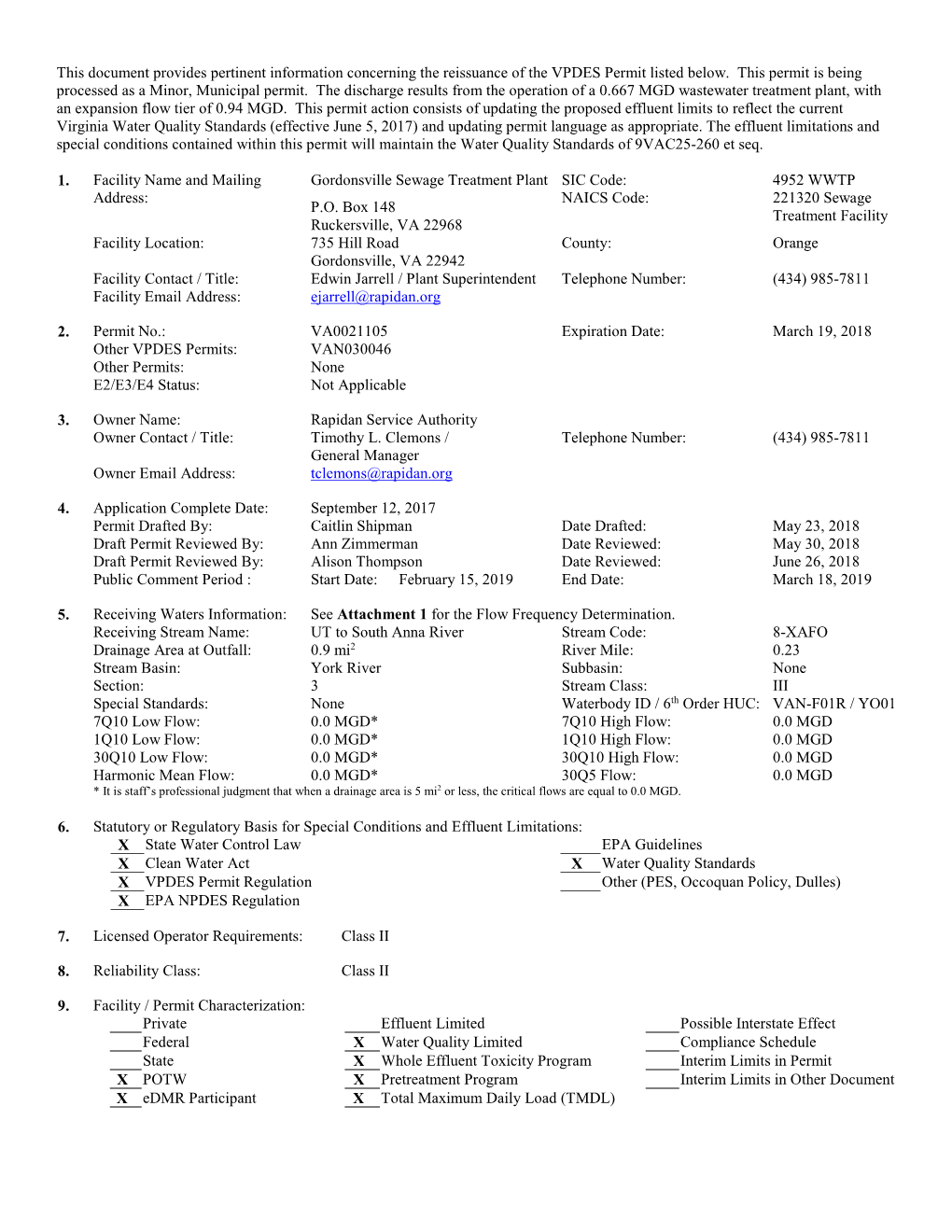 This Document Provides Pertinent Information Concerning the Reissuance of the VPDES Permit Listed Below