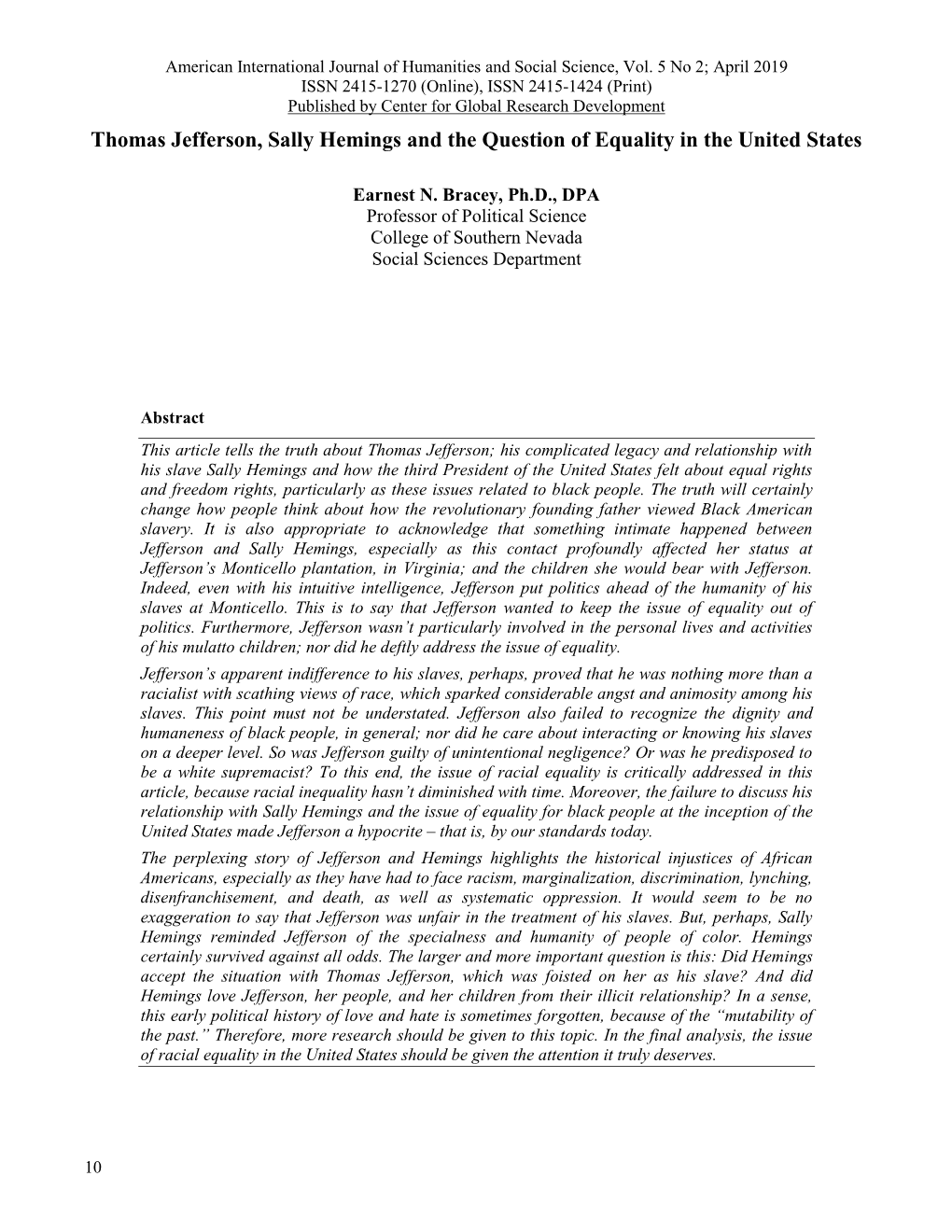 Thomas Jefferson, Sally Hemings and the Question of Equality in the United States