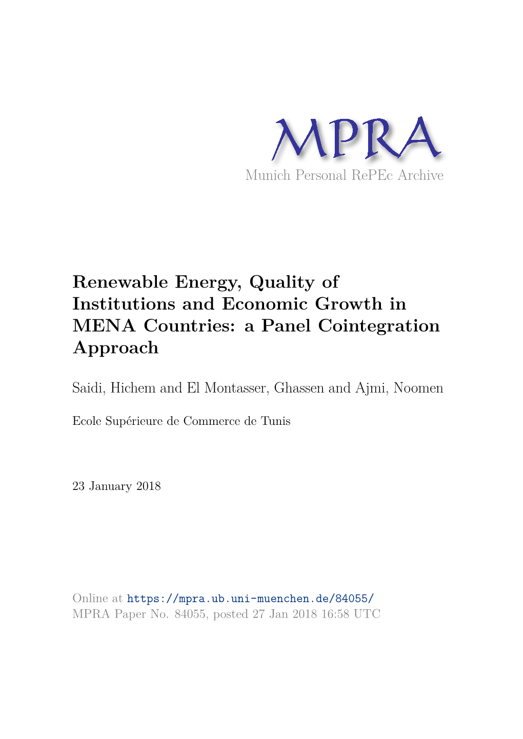 Renewable Energy, Quality of Institutions and Economic Growth in MENA Countries: a Panel Cointegration Approach