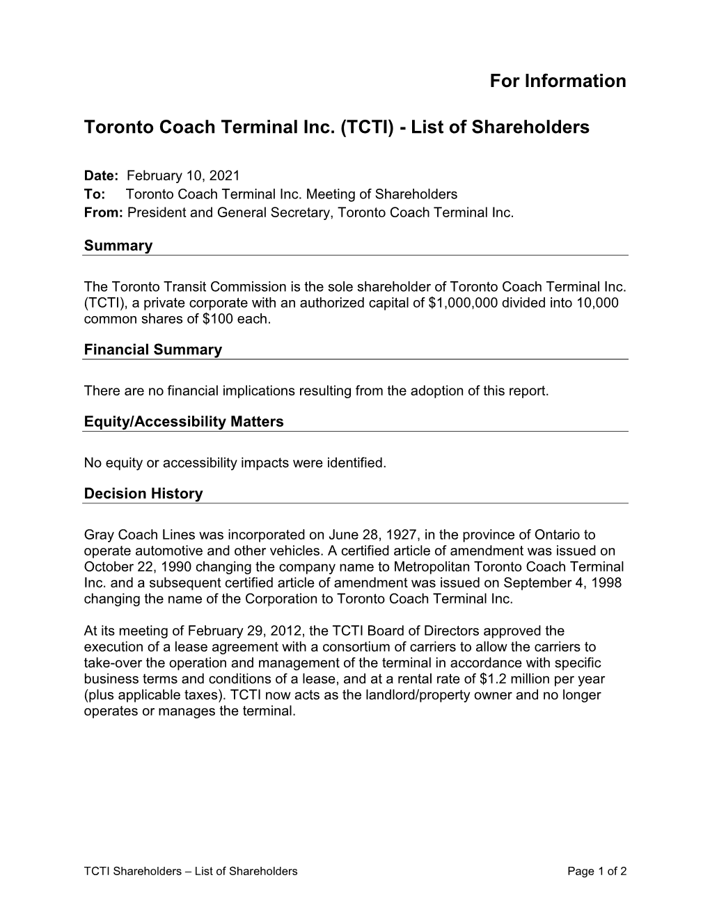 Toronto Coach Terminal Inc. (TCTI) - List of Shareholders