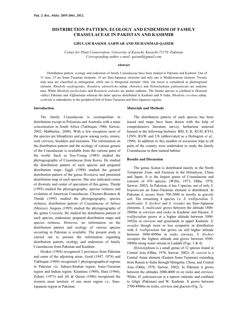 Distribution Pattern, Ecology and Endemism of Family Crassulaceae in Pakistan and Kashmir